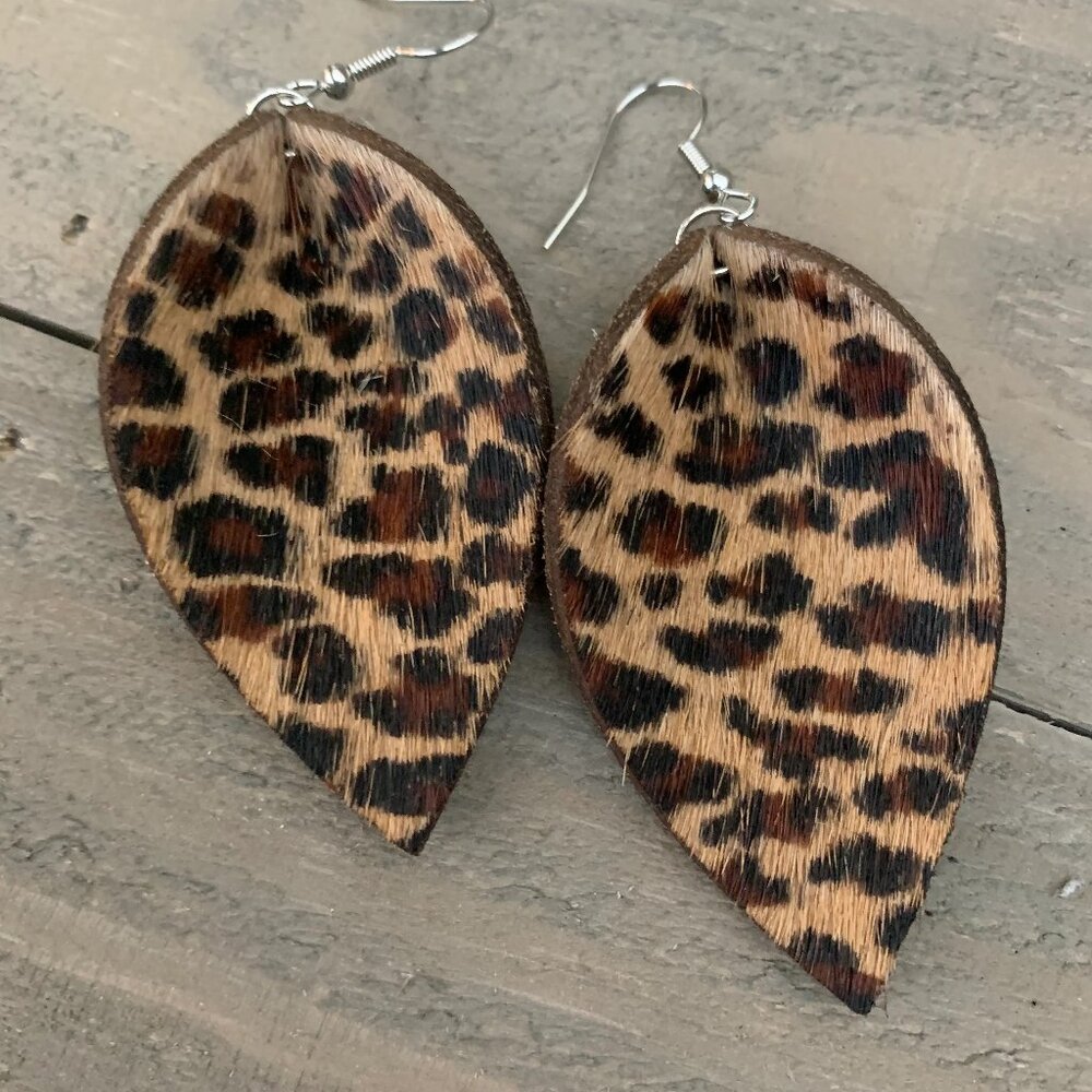 Leopard Hair On Leather Earrings - NEW WITH TAGS